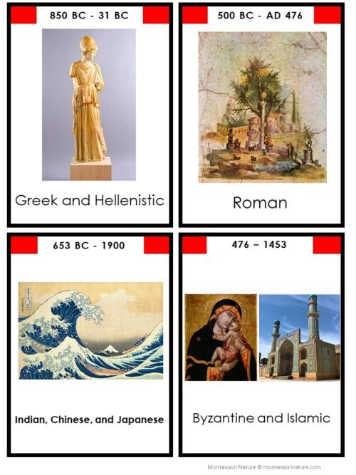 Four labeled cards from our Art History Timeline: 5 Part Cards set feature art from the Greek and Hellenistic, Roman, Indian/Chinese/Japanese, and Byzantine/Islamic periods, each displaying a sample artwork and its date range. These Art History Timeline: 5 Part Cards are ideal for creating a visual 5 Part Cards collection. Montessori Nature Printable