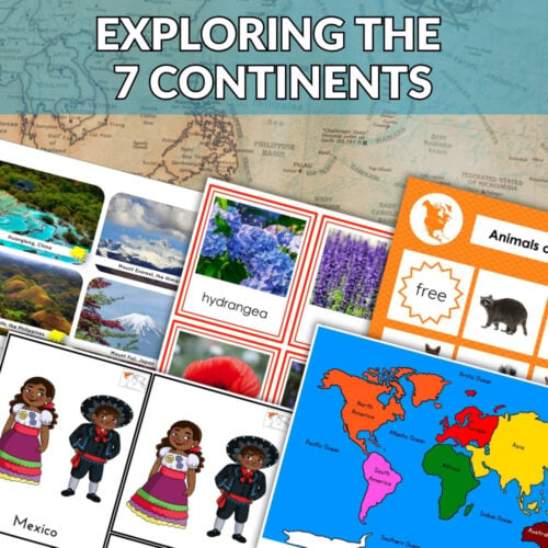 Continents Preschool Hands On Activities: Bundle includes educational resources on world cultures, geography, flags, clothing, animals, landmarks, a Europe map, and continents activities. Features a red "BUNDLE OFFER" banner. Montessori Nature Printables