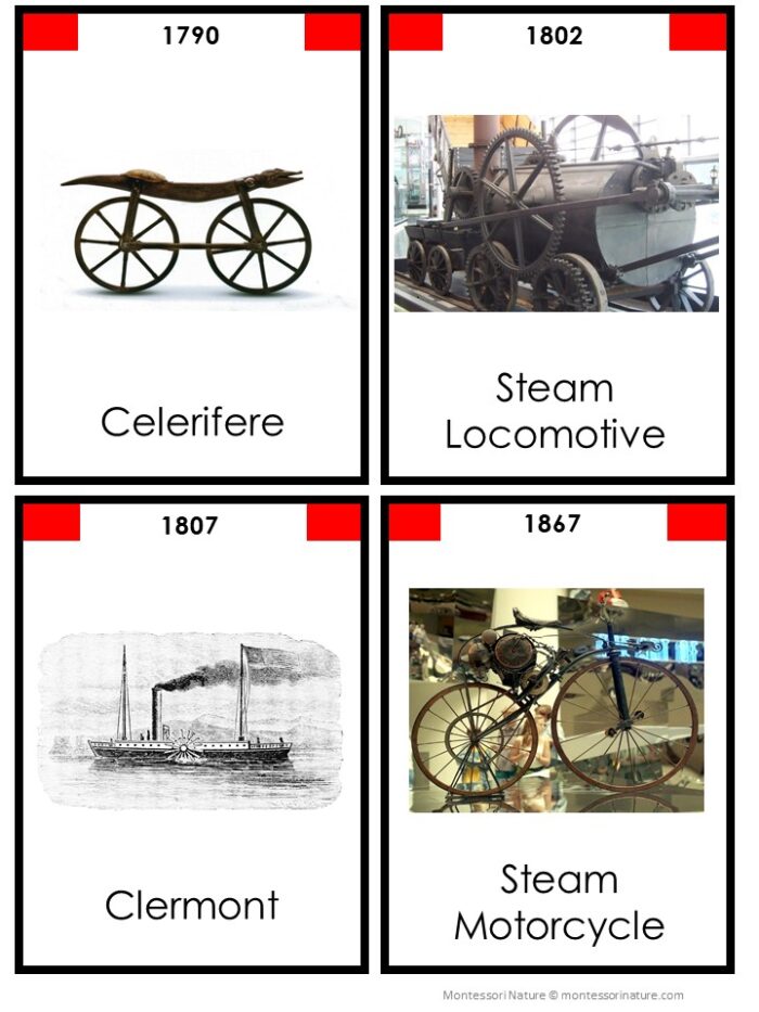 Explore The History of Transportation Timeline 3 Part Cards, featuring key inventions, important dates, detailed descriptions, and vibrant images—all with a Montessori Nature logo in the corner. Montessori Nature Printables