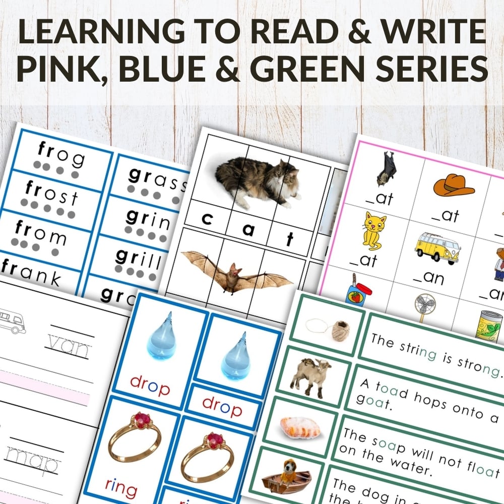 A collage of worksheets from "Learning to Read and Write: Phonics Bundle," featuring phonics games, handwriting practice, and matching activities with a bold red "BUNDLE OFFER" label overlaid. Montessori Nature Printables