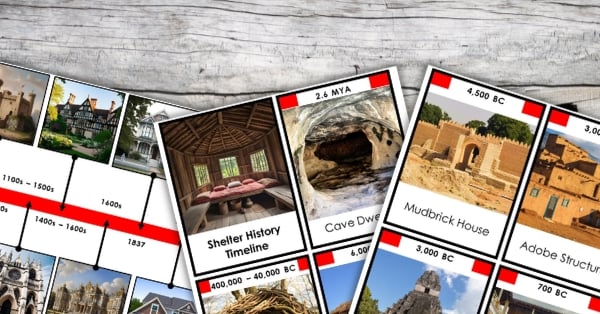 Timeline cards depicting various types of historical shelters—including a cave, mudbrick house, and adobe structure—are laid out on a wooden surface, perfect for shelter history activities for children or as engaging printables for children. Montessori Nature Printable