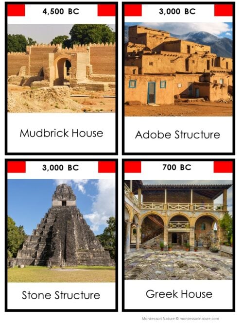 Shelter History Timeline: 5 Part Cards features four clearly labeled images of ancient dwellings—a mudbrick house (4500 BC), adobe structure (3000 BC), stone structure (3000 BC), and Greek house (700 BC)—arranged in an easy-to-follow timeline format. Montessori Nature Printable