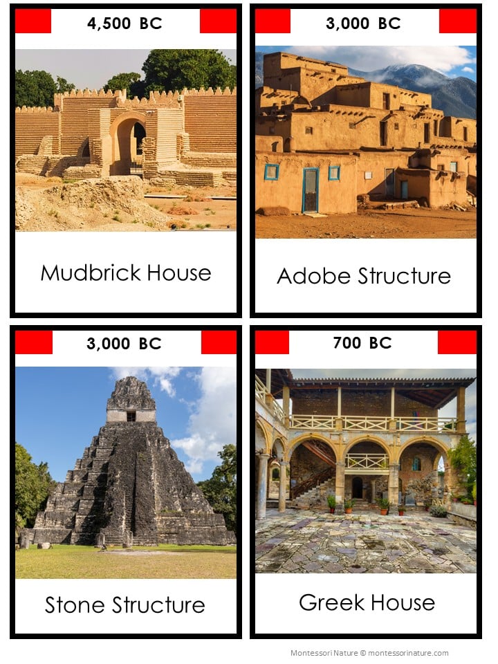 Shelter History Timeline: 5 Part Cards features four clearly labeled images of ancient dwellings—a mudbrick house (4500 BC), adobe structure (3000 BC), stone structure (3000 BC), and Greek house (700 BC)—arranged in an easy-to-follow timeline format. Montessori Nature Printable