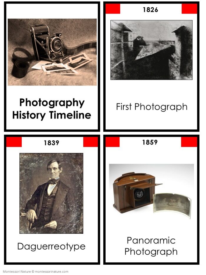 Explore the evolution of photography with the “Photography History Timeline: 5 Part Cards.” This set features four panels highlighting key milestones—the first photograph in 1826, the daguerreotype in 1839, a panoramic photograph in 1859, and an image of a camera with photos labeled “Photography History Timeline.” Ideal for use as Montessori-style 5 Part Cards, this visual timeline vividly brings the history of photography to life. Montessori Nature Printable
