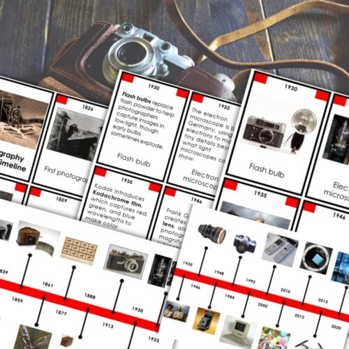 Immerse yourself in photography’s rich past with the Photography History Timeline: 5 Part Cards—a set of beautifully organized cards featuring vintage cameras, flash bulbs, and a printed timeline that highlights pivotal moments and inventions in photography history for an engaging and educational display. Montessori Nature Printable