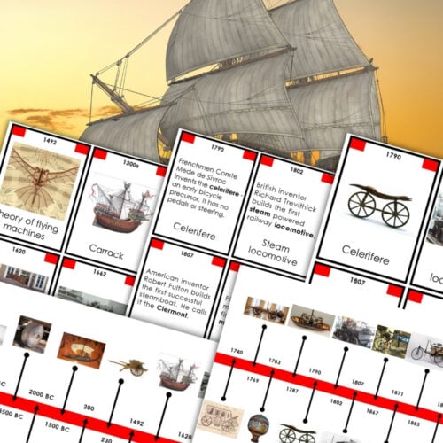 A close-up of the History of Transportation Timeline: 3 Part Cards, layered over an illustration of an old sailing ship. Montessori Nature Printables