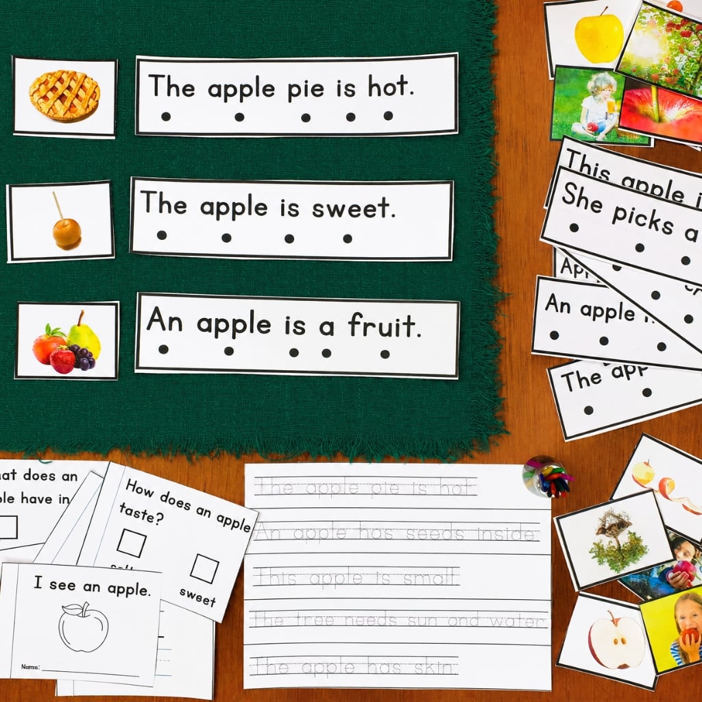 Apple Comprehension Phonics activity cards with apple pictures, bulleted sentences for word tracking, and handwriting practice worksheets. Montessori Nature Printable