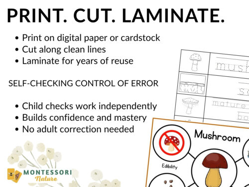 Parts of a Mushroom Life Cycle Activities with instructions for printing, cutting, and laminating, plus a sample worksheet showing mushroom parts and edibility. Montessori Nature Printable