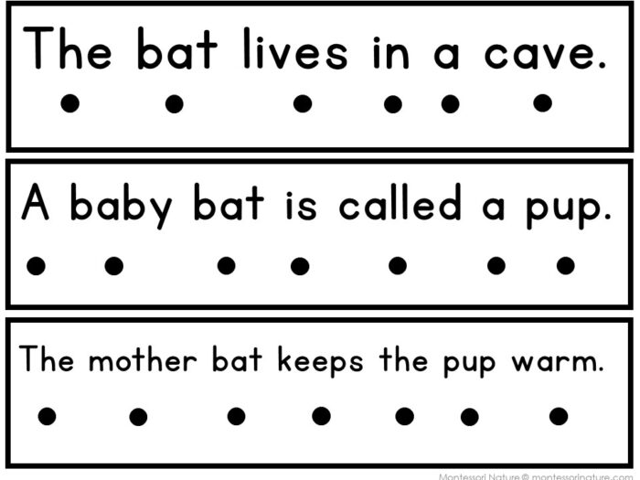 Three strips of text from an All About Bats Decodable Phonics Reader Comprehension Science of Reading: “The bat lives in a cave.”, “A baby bat is called a pup.”, and “The mother bat keeps the pup warm.”. Montessori Nature Printable
