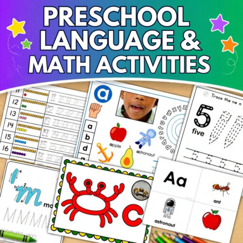Preschool Language & Math Activities Bundle featuring educational letter tracing, number counting, and matching images of an apple, ant, and astronaut. Montessori Nature Printable