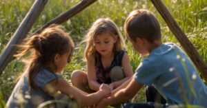 Three children with strong personalities sit closely together in a grassy field under a simple wooden structure, appearing focused and engaged in conversation or play. Montessori Nature Printables
