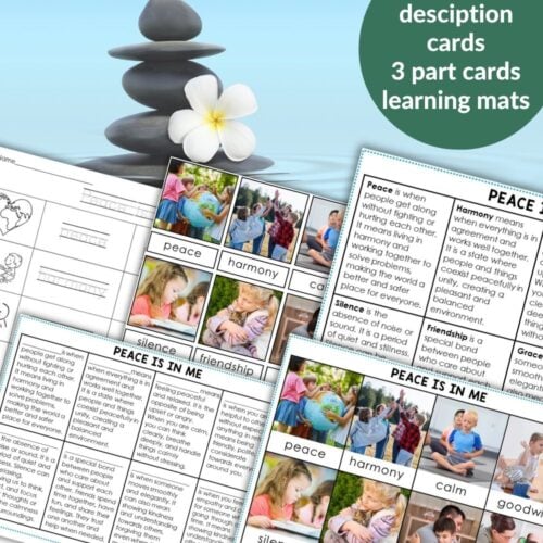 The "Peace Is In Me: 3 Part Description Cards Blackline Master" includes educational printables and mats with themes of peace, harmony, calm, and friendship, beautifully arranged on a table with spa-inspired decor. Montessori Nature Printables