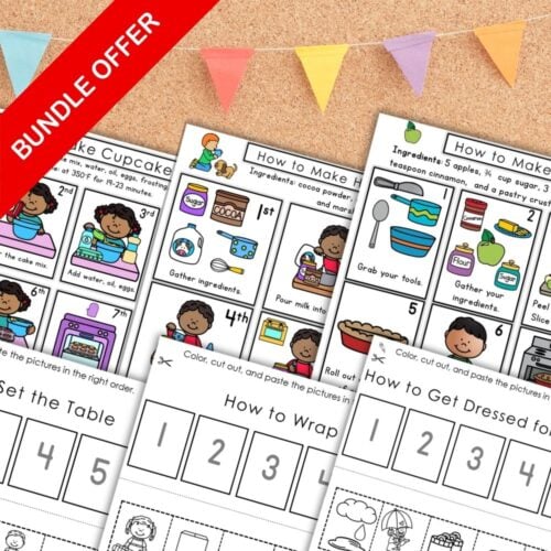 The How-To Sequencing Cards: Practical Life Bundle features illustrated, step-by-step cards for kids on practical life topics like making cupcakes and wrapping gifts, with a "BUNDLE OFFER" banner shown in the corner. Montessori Nature Printables