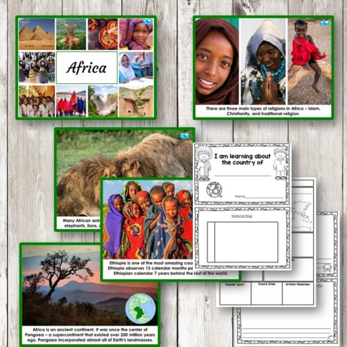 Africa Continent Cards Country Research includes color photos, facts, and black-and-white research forms on African countries, designed for student learning. Montessori Nature Printables