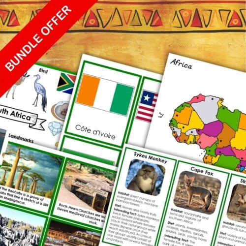 The Africa Continent Bundle includes educational cards and maps highlighting African countries, animals, and landmarks, shown with a red "Bundle Offer" banner on the image. Montessori Nature Printables