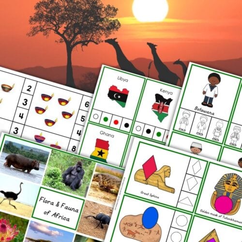 The Africa Preschool Activity Pack features a collage of African wildlife at sunset with giraffes, country flags, traditional clothing illustrations, and educational cards on Africa's flora, fauna, and cultural symbols—ideal for preschoolers. Montessori Nature Printables