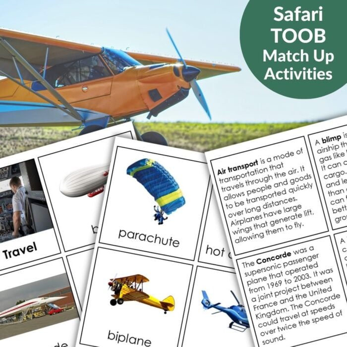 Air Transport: Safari TOOB Compatible 3 Part Cards & Facts features a matching activity with images and descriptions of different air transport types, plus a small orange and blue plane in the background. Montessori Nature Printables