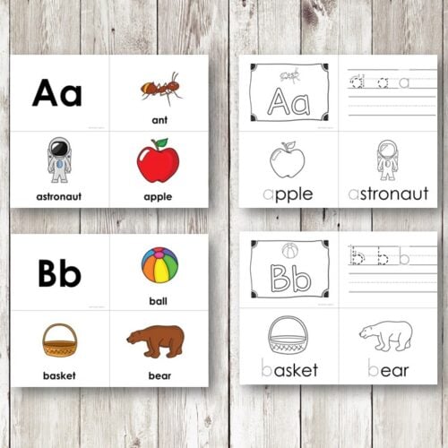 Alphabet Picture Initial Sound Cards teach beginning sounds for A and B with images and words like ant, apple, astronaut, ball, bear, and basket. Includes picture cards and tracing activities for letter recognition. Montessori Nature Printables