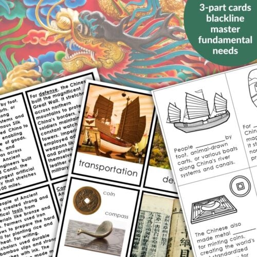 Assorted educational cards featuring images and text about ancient Chinese transportation, coins, and defense on a colorful dragon background. Exclusive to our Premium Membership: 3-part cards blackline master fundamental needs. Montessori Nature Printables