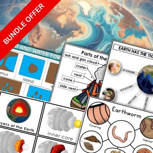 The April Bundle features a collage of educational Earth science worksheets with diagrams of landforms, Earth's layers, earthworms, and volcano parts, all highlighted by an “April Bundle” offer banner. Montessori Nature Printables