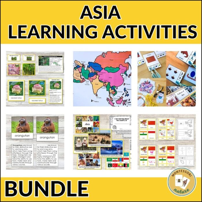 A collage displays printable educational resources from the Asia Continent Bundle, including a map, animal cards, flags, photos, and classroom activities—all labeled "Asia Continent Bundle. Montessori Nature Printables