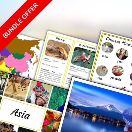 A collage displays printable educational resources from the Asia Continent Bundle, including a map, animal cards, flags, photos, and classroom activities—all labeled "Asia Continent Bundle. Montessori Nature Printables