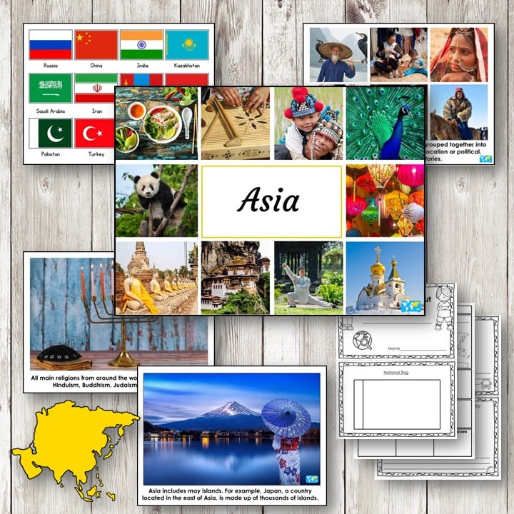 Asia Continent Cards Country Research Booklet: Includes research sheets, a booklet, landmark photos, images of people and cultural elements, and Asian flags—everything for exploring the Asia continent. Montessori Nature Printables
