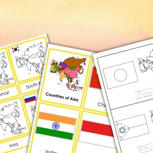The Asia Flags Map Countries 3 Part Cards Student Book features color and blackline cards showing maps and flags of 50 Asian countries—perfect for teaching and learning about Asian nations. Montessori Nature Printables