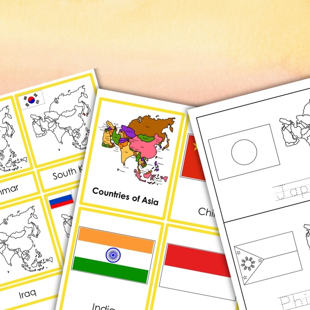 The Asia Flags Map Countries 3 Part Cards Student Book features color and blackline cards showing maps and flags of 50 Asian countries—perfect for teaching and learning about Asian nations. Montessori Nature Printables
