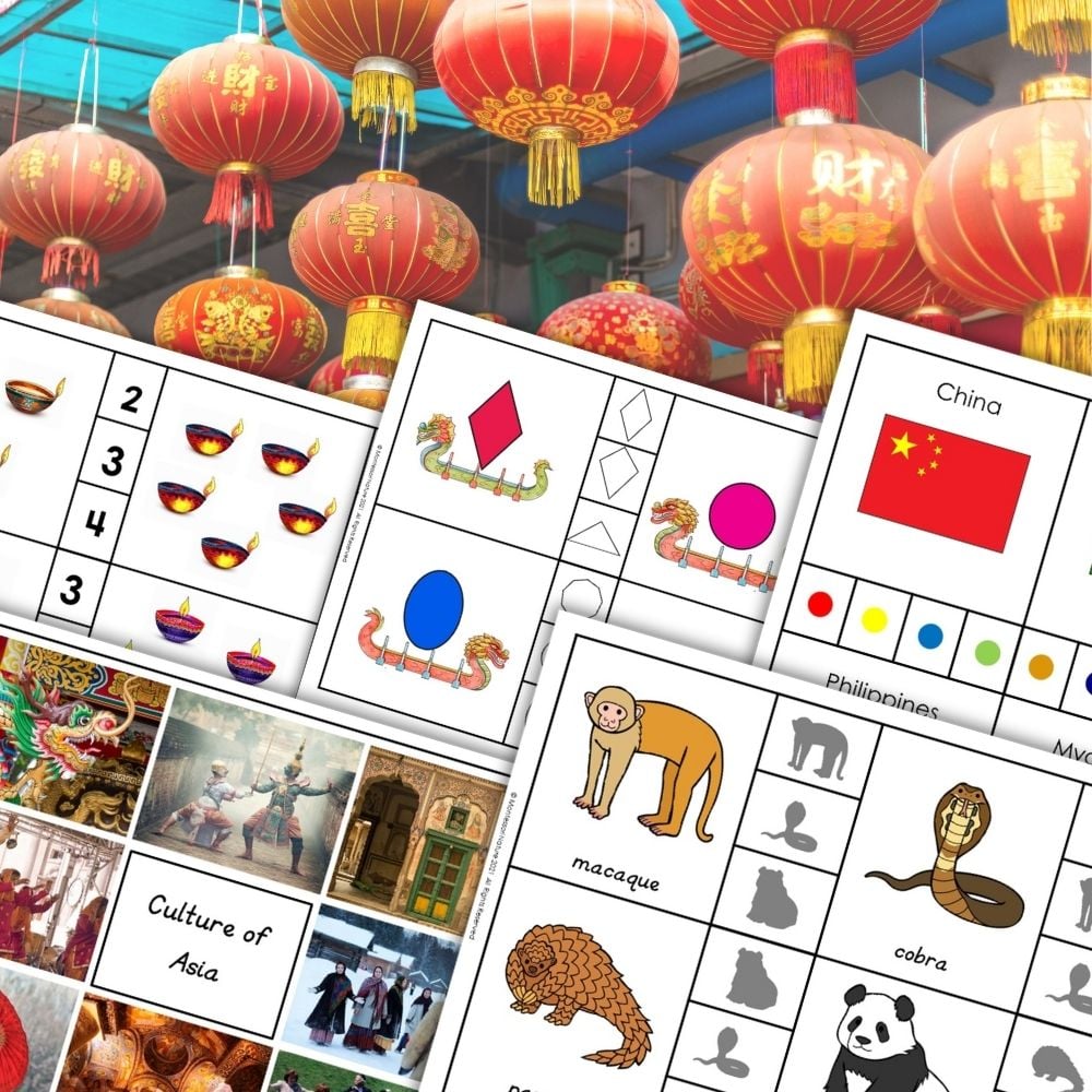 Red lanterns hang overhead, with an Asia Preschool Hands-on Activity Pack featuring educational worksheets about Asian cultural symbols, animals, flags, and food displayed in the foreground. Montessori Nature Printables