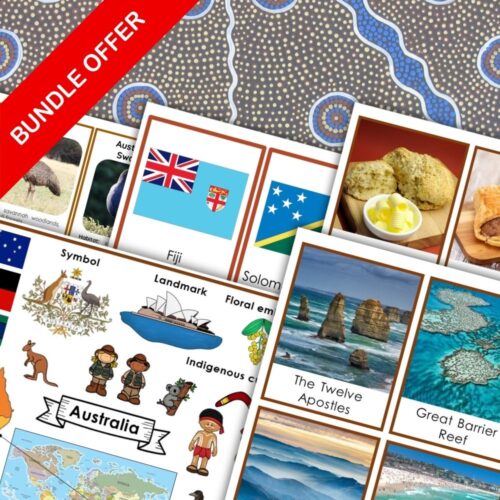 The Australia Oceania Continent Bundle includes educational materials and activities like maps, animal cards, flags, and themed worksheets about Australia and Oceania. Montessori Nature Printables