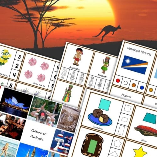 Collage of worksheets from the Australia Oceania Preschool Activity Pack, featuring images and icons related to the region with a sunset kangaroo scene in the background. Montessori Nature Printables
