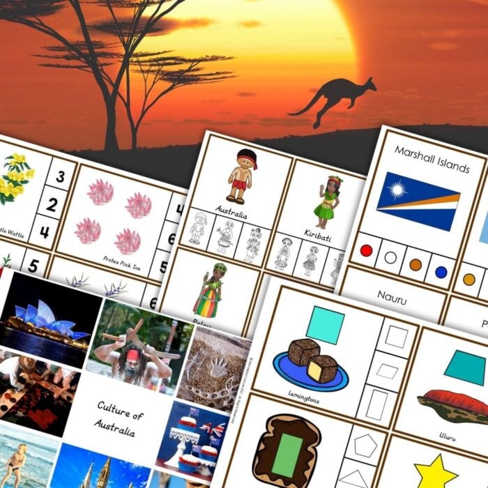Collage of worksheets from the Australia Oceania Preschool Activity Pack, featuring images and icons related to the region with a sunset kangaroo scene in the background. Montessori Nature Printables