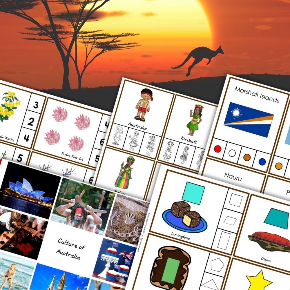 Collage of worksheets from the Australia Oceania Preschool Activity Pack, featuring images and icons related to the region with a sunset kangaroo scene in the background. Montessori Nature Printables