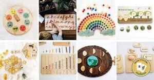 A hands-on collage of Montessori wooden toys, meticulously handmade and intricately designed, making them perfect gifts.