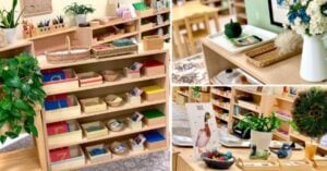 A collage of pictures of a children's room with books and plants.