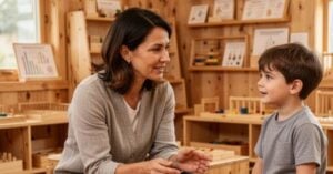 A woman speaks with a young boy in a Montessori classroom, surrounded by wooden shelves and educational materials, highlighting practical steps in early learning. Montessori Nature Printables
