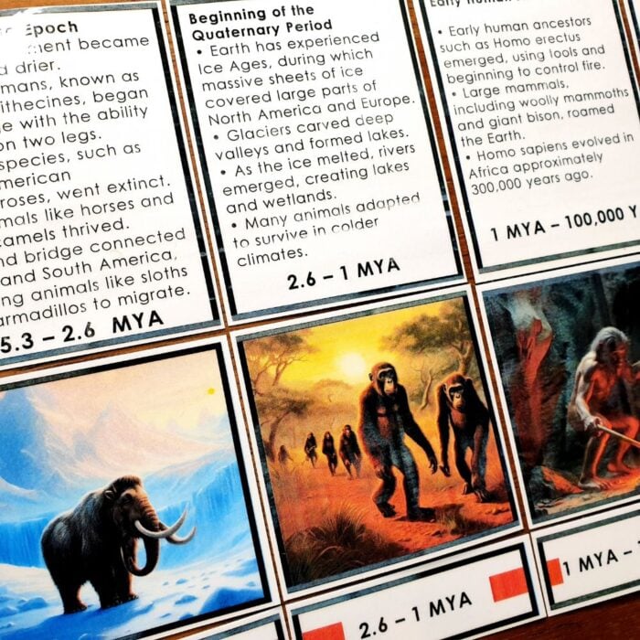 The Cenozoic Era Timeline Second Great Lesson 3-Part Cards feature illustrated prehistoric scenes, with descriptive text and timeline details about the Quaternary Period, showcasing mammoths and early humans. Montessori Nature Printables