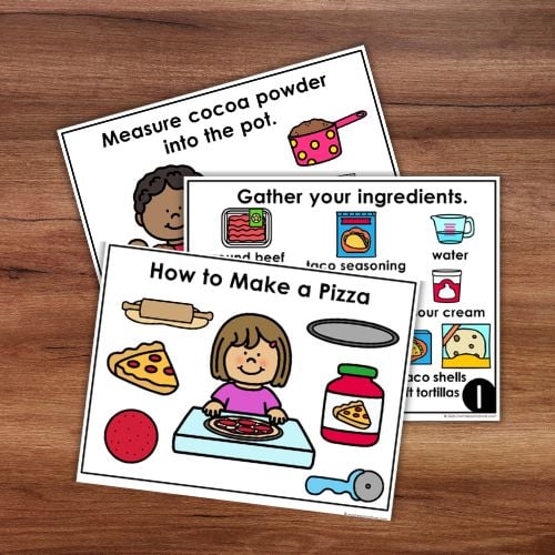 Children in the Kitchen: Recipe Practical Life Skills Sequencing Cards Cooking includes three illustrated cards—making pizza, listing taco ingredients, and measuring cocoa powder into a pot—all shown on a wooden surface. Montessori Nature Printables