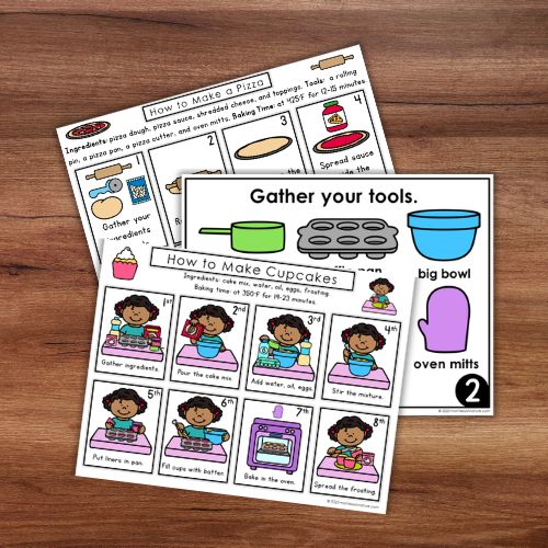 Children in the Kitchen: Recipe Practical Life Skills Sequencing Cards Cooking features illustrated step-by-step cards for making pizza and cupcakes, helping kids learn to follow directions and use kitchen tools. Montessori Nature Printables