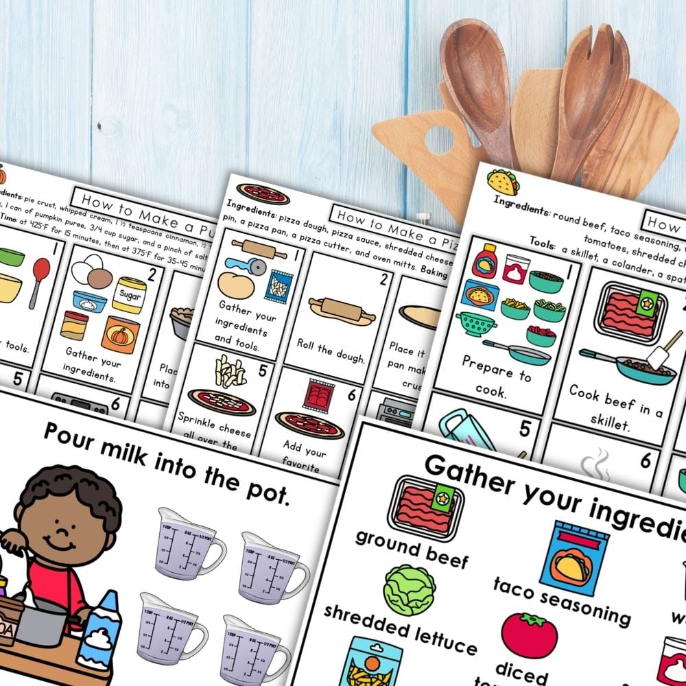 Children in the Kitchen: Recipe Practical Life Skills Sequencing Cards Cooking—four illustrated cards with step-by-step pizza instructions and images, teaching kids cooking skills, displayed on a wooden surface with utensils. Montessori Nature Printables