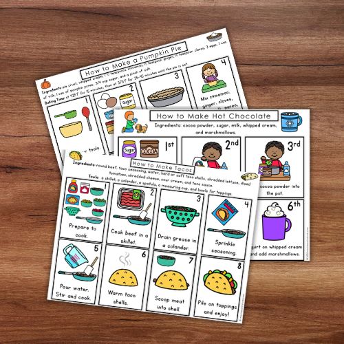 Children in the Kitchen: Recipe Practical Life Skills Sequencing Cards Cooking features illustrated step-by-step guides for making pumpkin pie, hot chocolate, and tacos, helping kids build practical skills with clear images and simple instructions. Montessori Nature Printables
