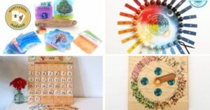 A collage of various items including a calendar and a wooden clock.