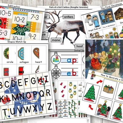 Collage of Christmas-themed worksheets with math problems, alphabet cards, caribou diagram, shape matching & holiday activities. Text: "Christmas Pack Preschool Kindergarten Busy Book," ideal for learning folders. Montessori Nature Printables