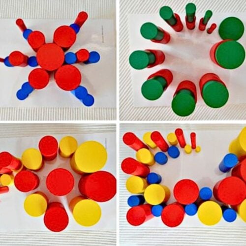 Four images display various arrangements of red, yellow, and blue cylinders on white sheets—ideal for holiday learning with the Christmas Themed Knobless Cylinder Extensions. Montessori Nature Printables