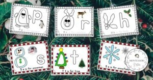 A set of christmas letter tracing cards with a snowman and a penguin.
