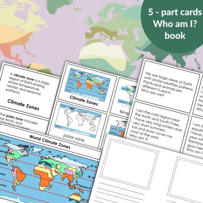 Climate Zones features informative cards and questions about world climate zones, displayed on a pastel world map background. Montessori Nature Printables