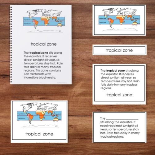 Five images from Climate Zones show maps of the tropical zone near the equator, with text explaining its year-round hot climate and high rainfall caused by constant direct sunlight. Montessori Nature Printables