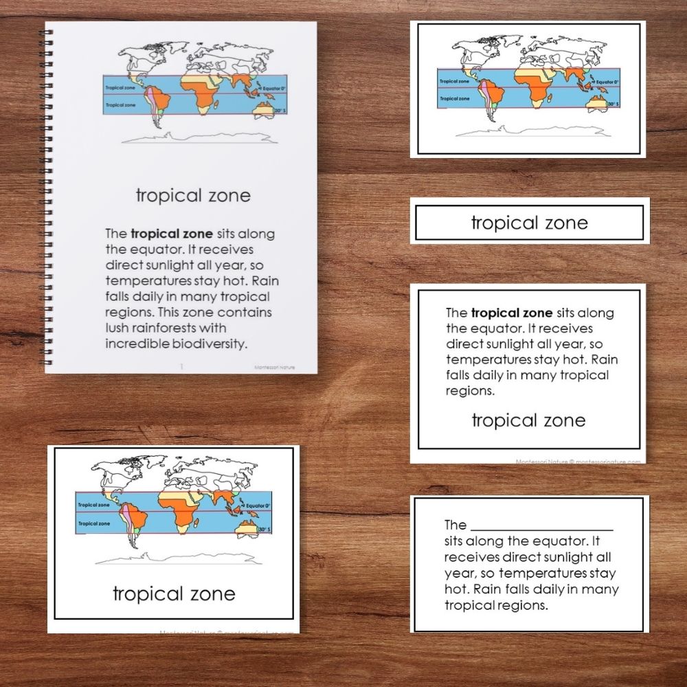 Five images from Climate Zones show maps of the tropical zone near the equator, with text explaining its year-round hot climate and high rainfall caused by constant direct sunlight. Montessori Nature Printables