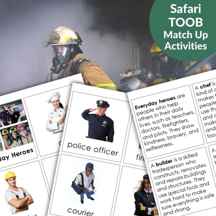 A firefighter stands in smoky gear behind Everyday Heroes Community Workers: Safari TOOB Compatible 3 Part Cards & Facts, featuring photos and descriptions of professions like police officer, courier, and builder. Montessori Nature Printables